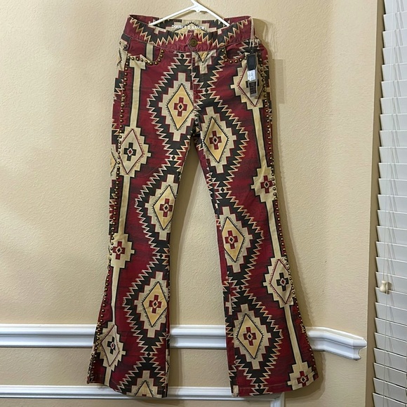 Double D Ranch Flare Pants Red and Cream Geometric Design - Picture 5 of 9